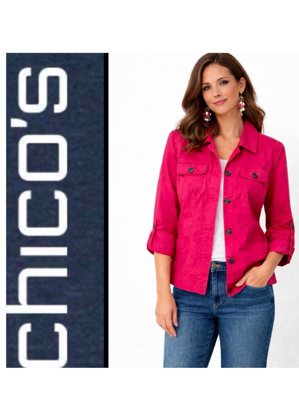 Chicos Utility Jacket size 2 /12 Button Front Hot Pink